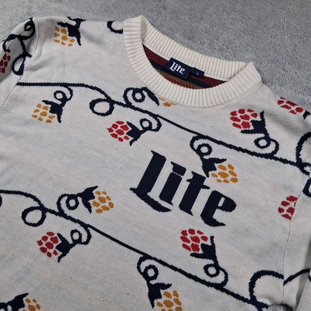 Miller Lite Sweater Mens Large White Beer Hops Lights Crewneck Christmas Ugly
